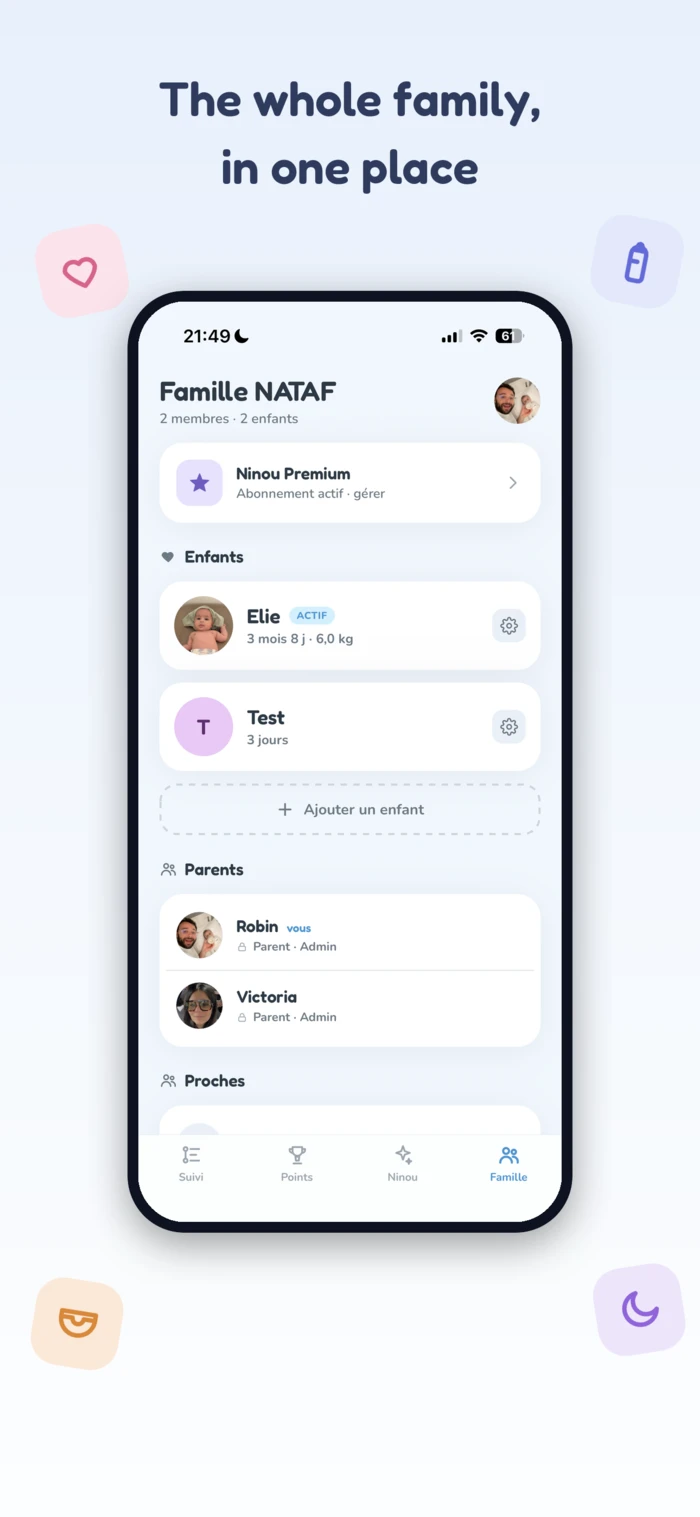 Family screen of the Ninou app