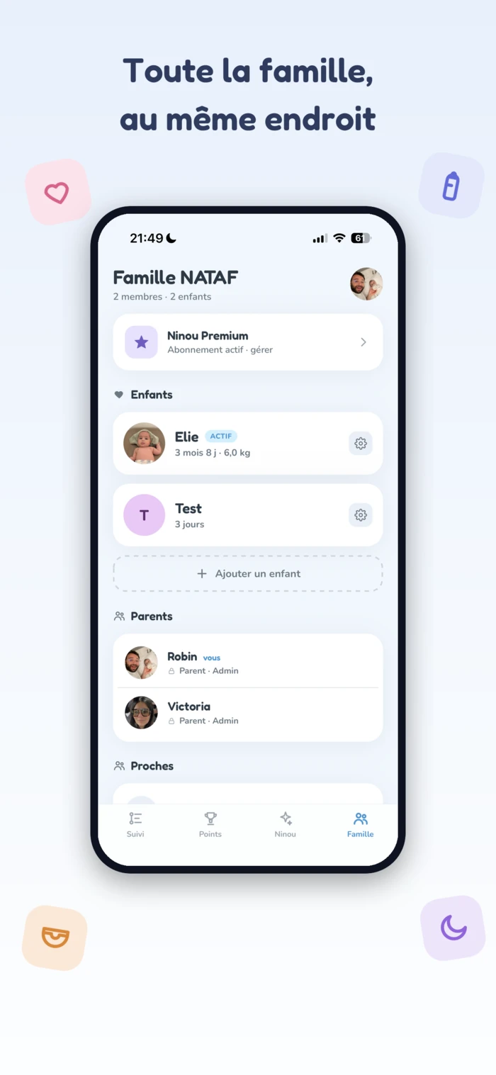 Écran Famille de l’app Ninou